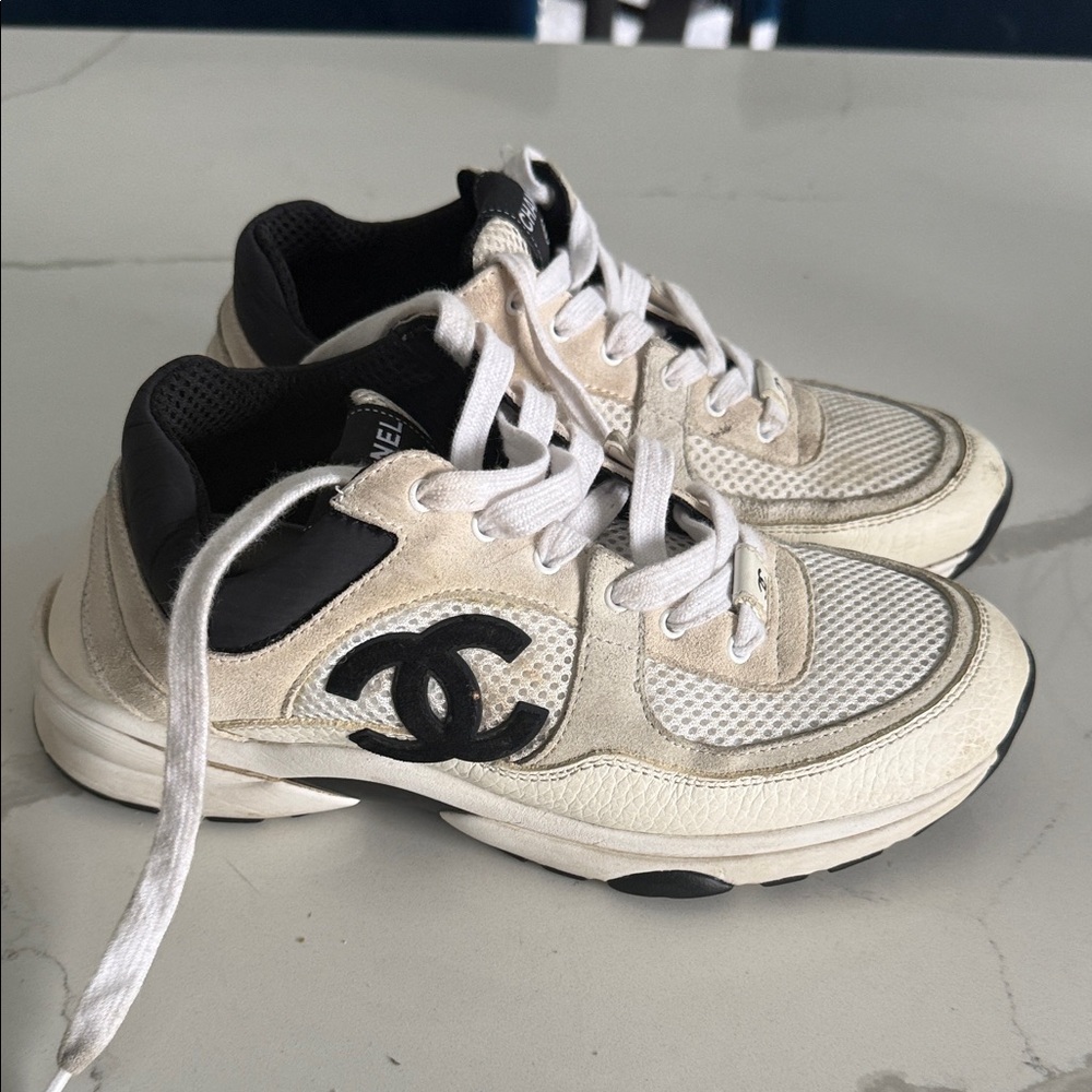 CHANEL Cream and Black Athletic Sneakers